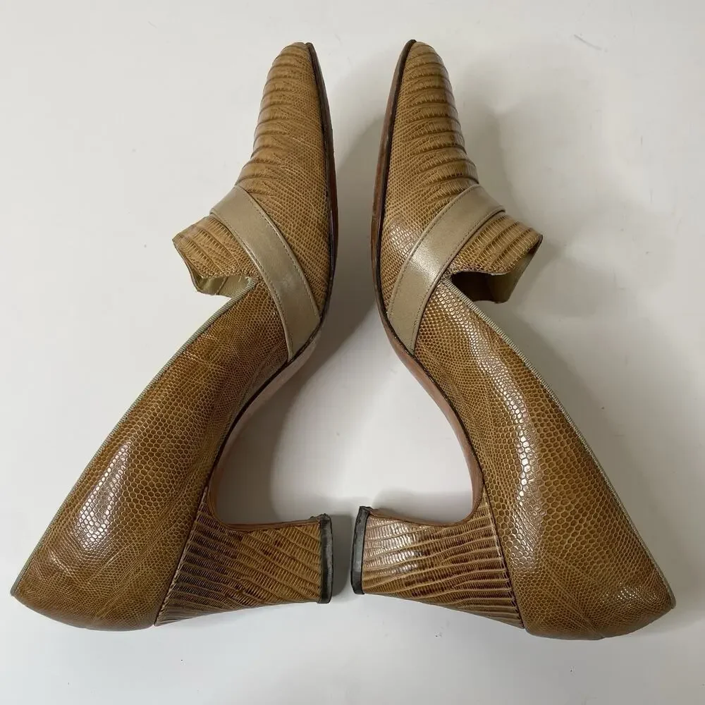 Agnes Sorel Size 6.5 Vintage Genuine Lizard High‎ Heels 90's Handmade Tan Brown